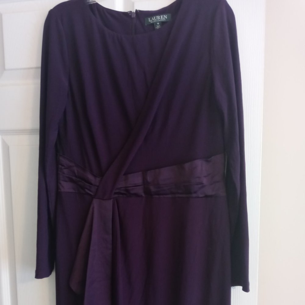 Lauren Ralph Lauren Satin Trim Long Sleeve Jersey Dress Purple sz 10